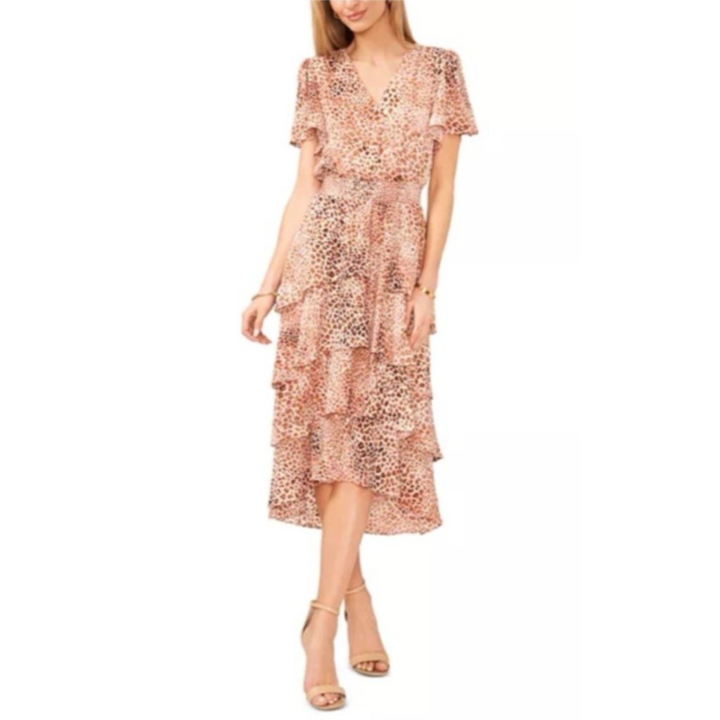 Vince Camuto Maxi Dress 2x Camel Brown Gold Tiered Short Sleeve New